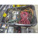 LARGE QUANTITY OF ELECTICAL EXTENSION CORDS AND POWER STRIPS IN TOTE