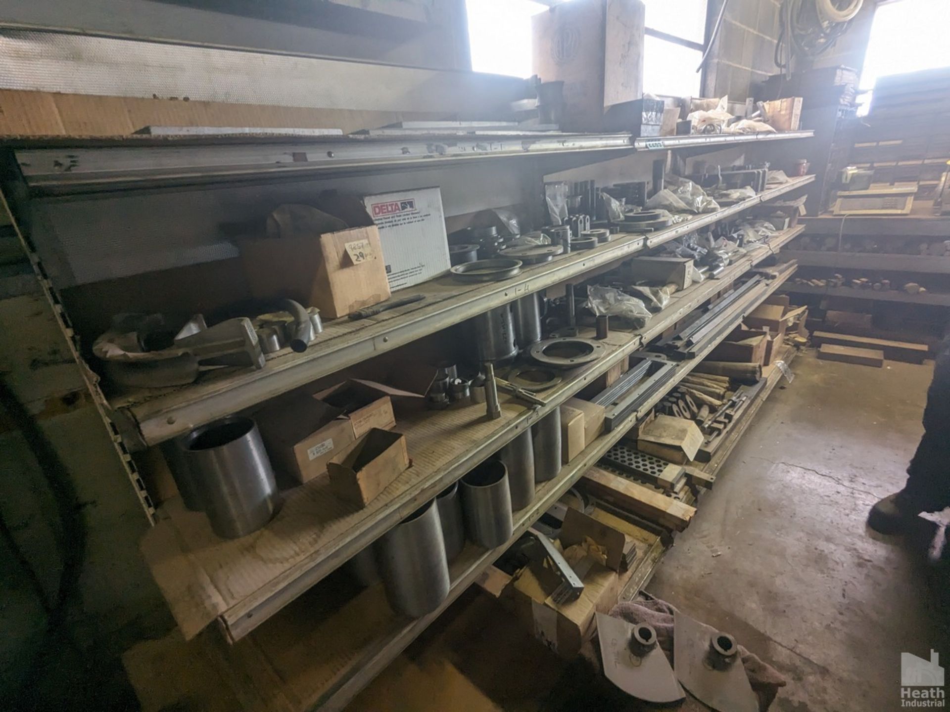 (3) SECTIONS OF SHELVING WITH ASSORTED STEEL PARTS