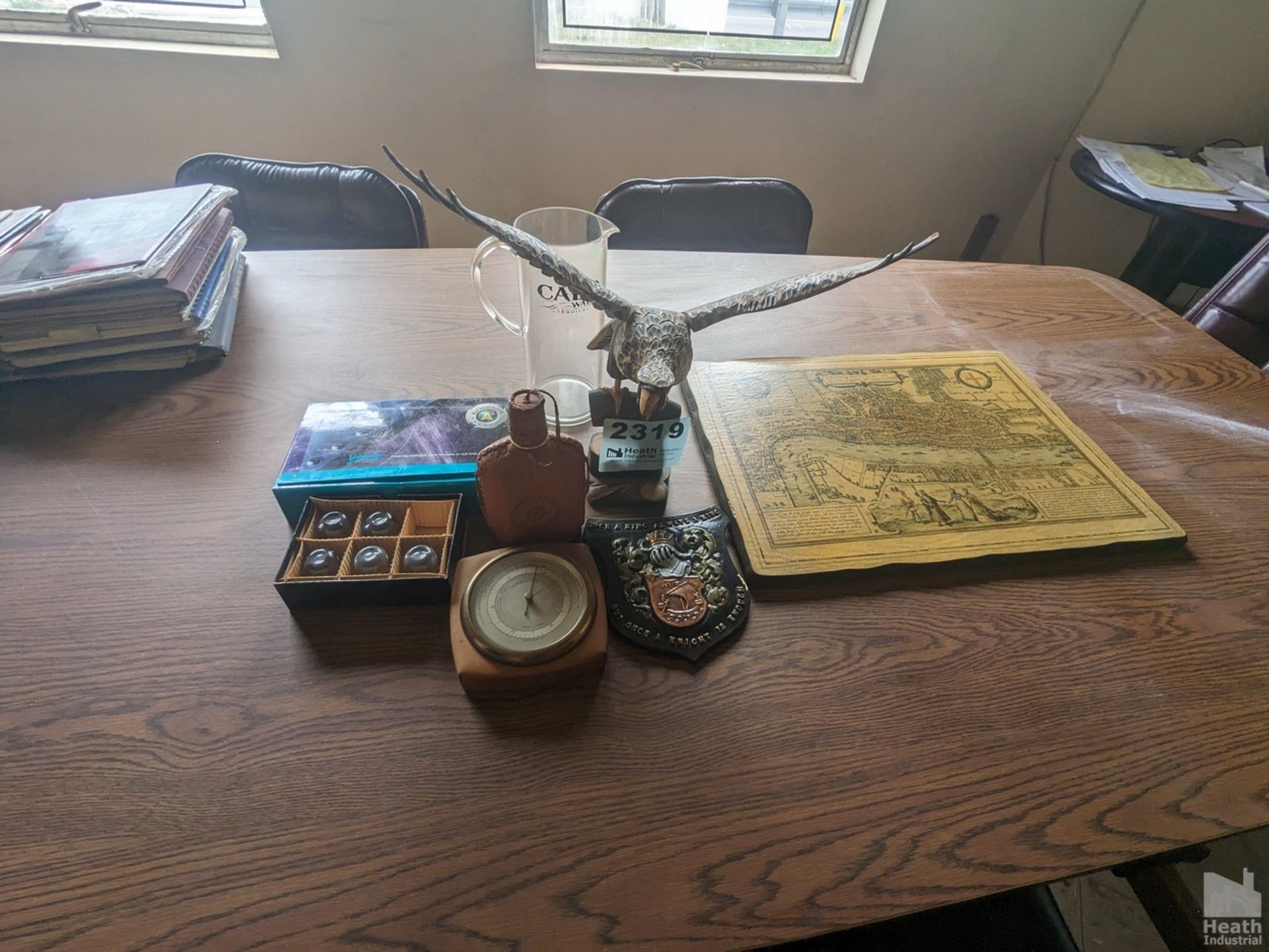 CARVED EAGLE, WALL ART, SHOT GLASSES AND FLASK