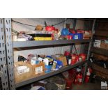 LARGE QTY HARDWARE ON TWO SHELVES AND FLOOR
