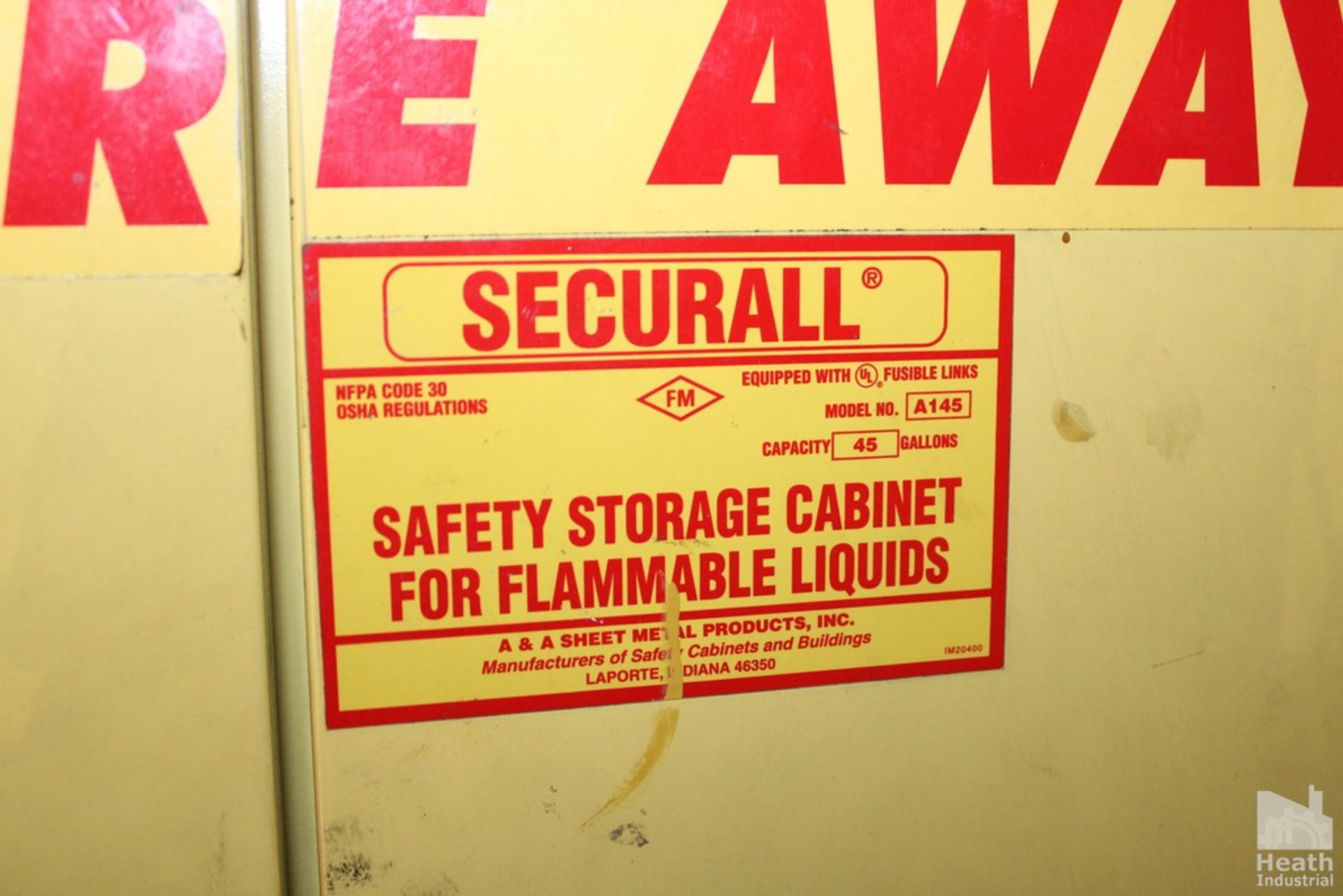 SECURALL MODEL A145 TWO DOOR 45 GALLON FLAMMABLE LIQUID STORAGE CABINET 43" X 18" X 65" - Image 2 of 2