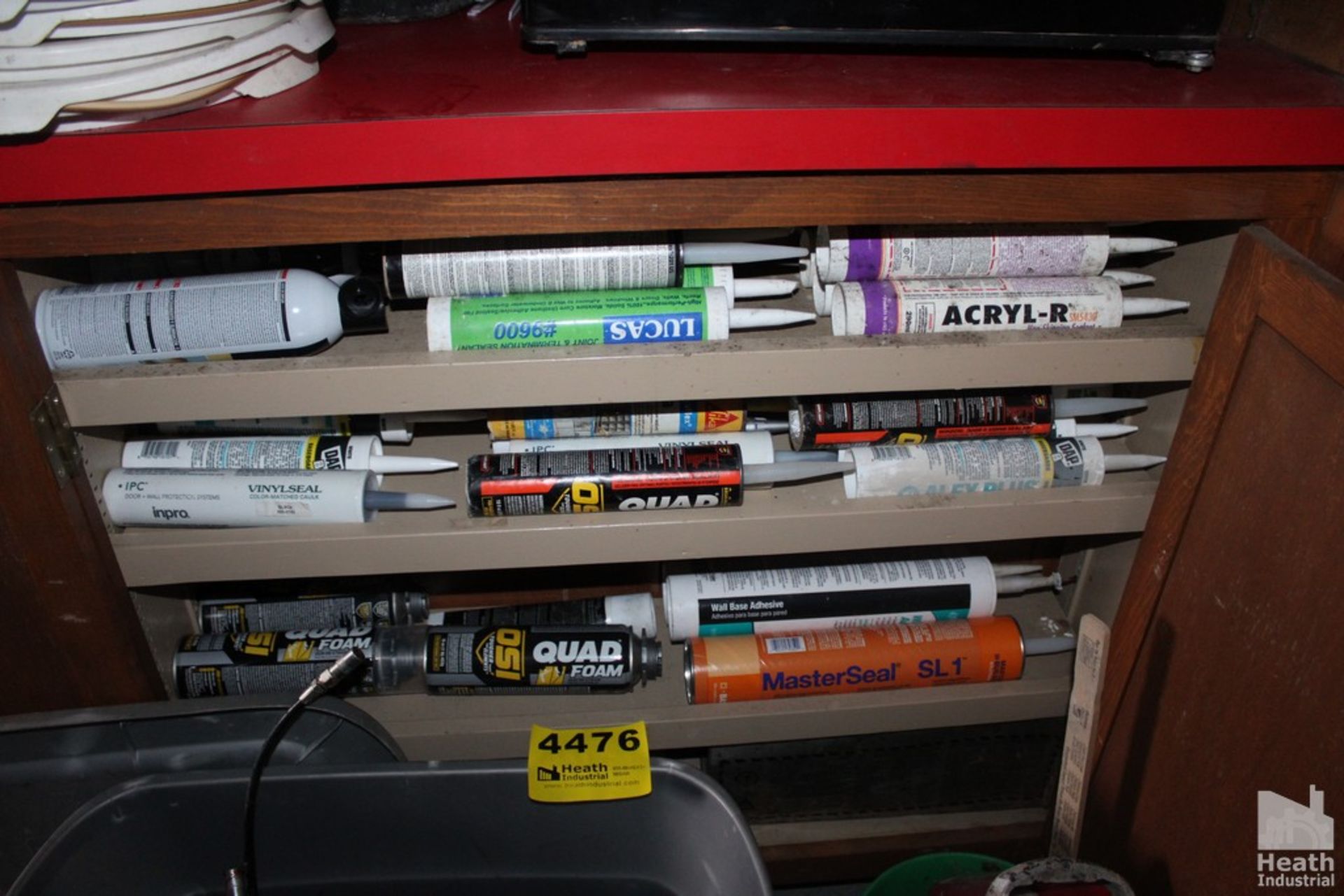 CONTENTS OF CABINET AND BIN INCLUDING CAULK, FOAM AND GREASE GUNS - Image 2 of 2