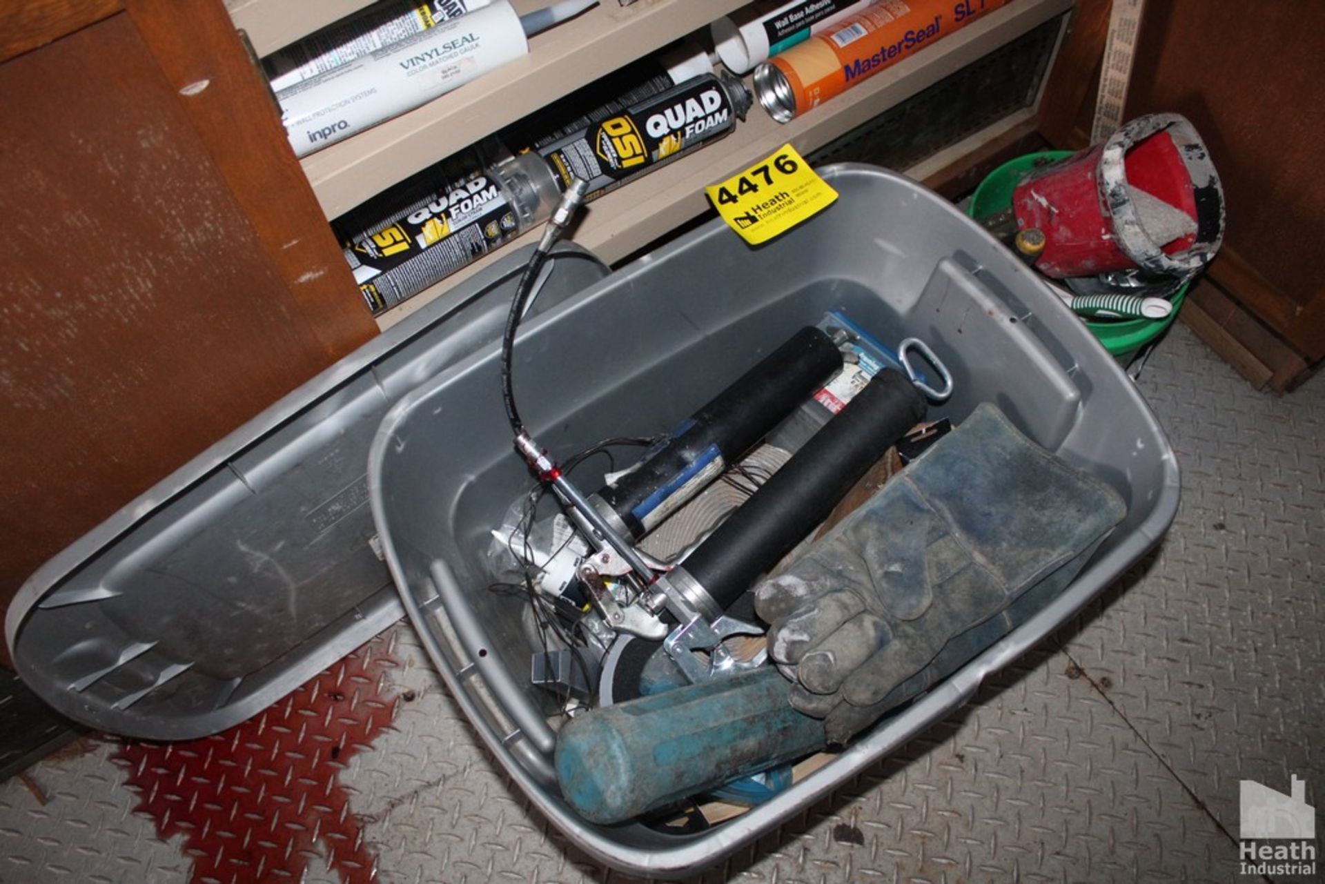 CONTENTS OF CABINET AND BIN INCLUDING CAULK, FOAM AND GREASE GUNS