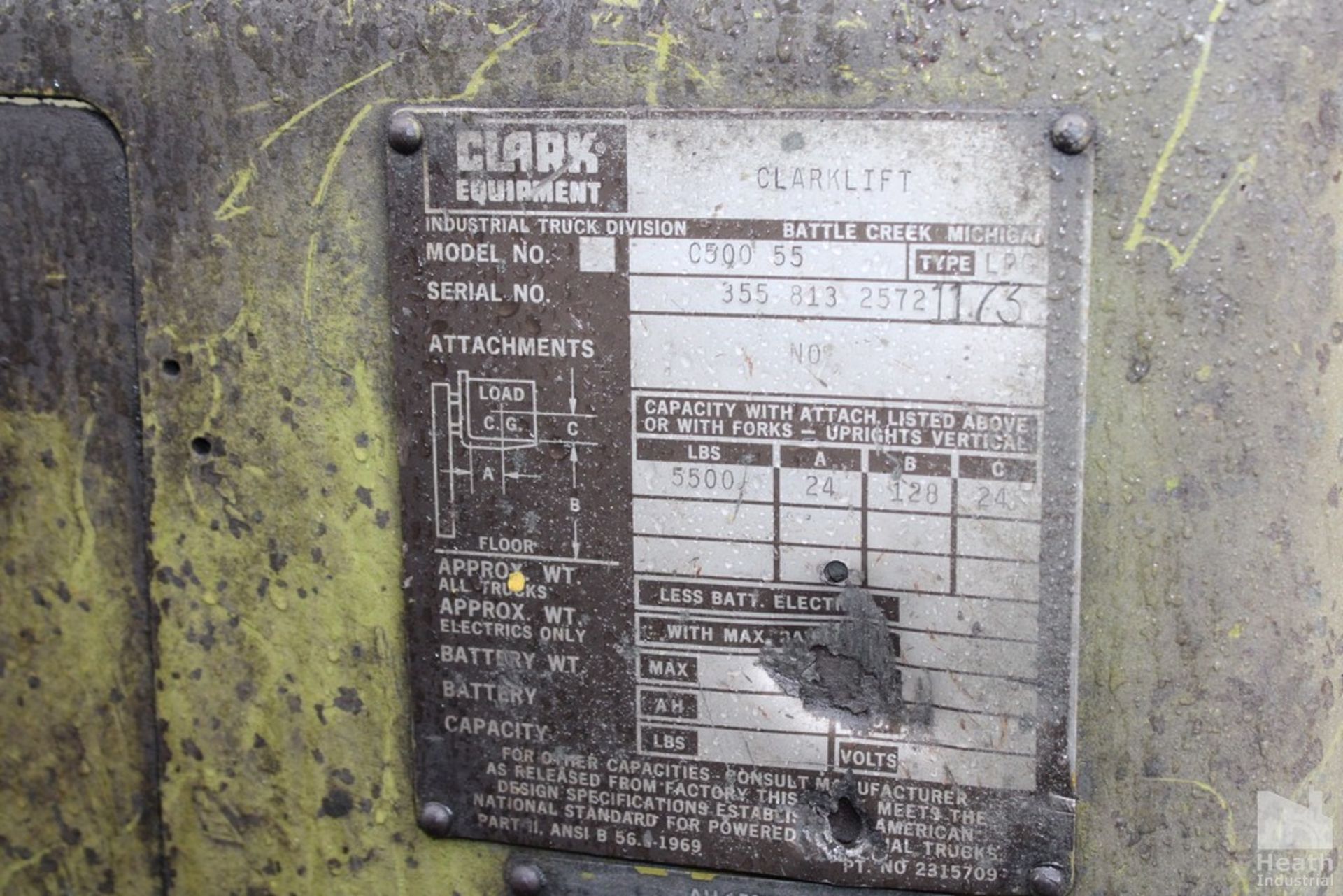 CLARK MODEL C500-55 5,000 LB LPG FORKLIFT TRUCK, CUSHION TIRE, 3 STAGE MAST, 168" MAX LIFT, 42" - Image 8 of 8