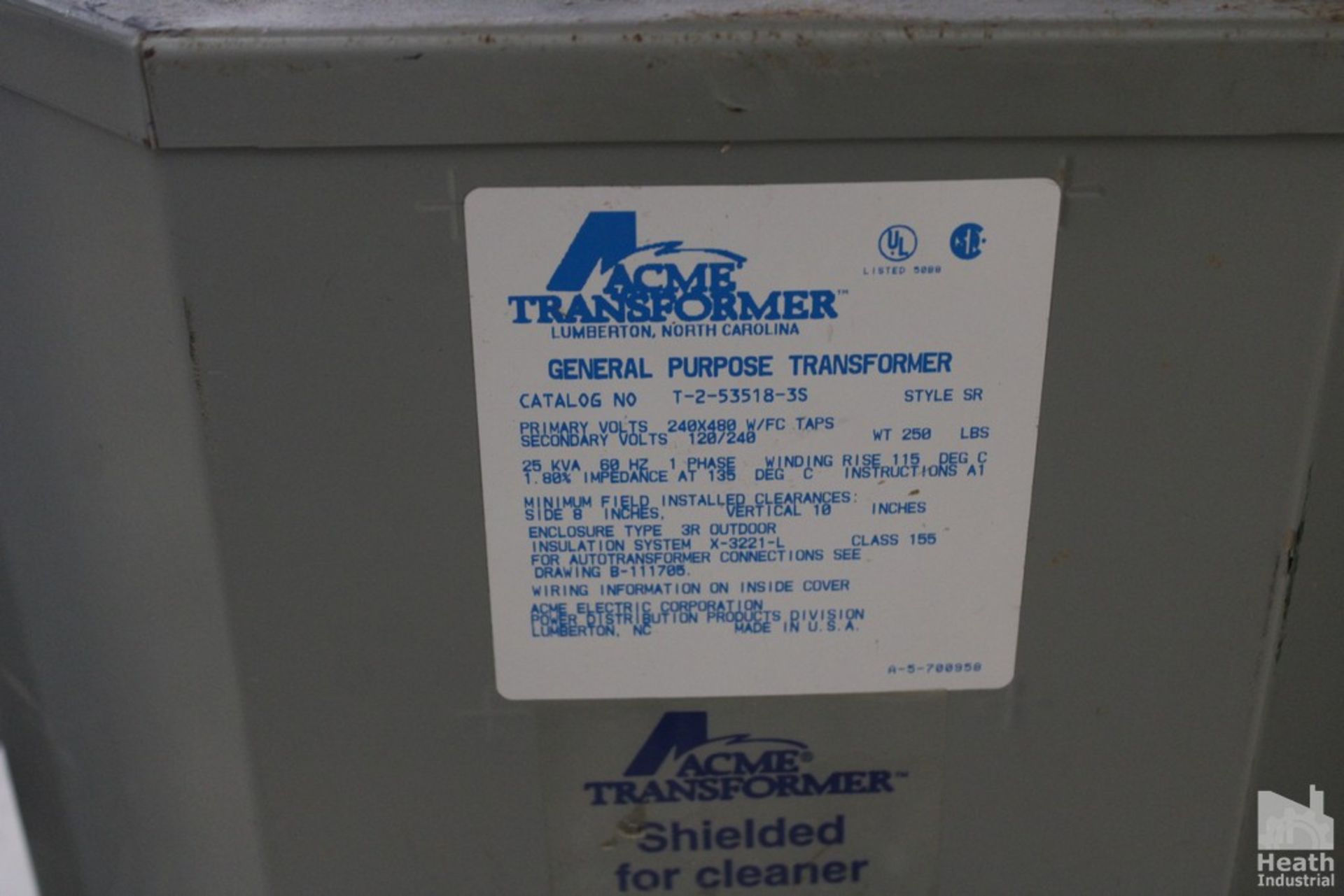 ACME GENERAL PURPOSE TRANSFORMER, CAT NO. T-2-53518-3S, STYLE-SR, PRIMARY VOLTS 240X48, SECONDARY - Image 2 of 2