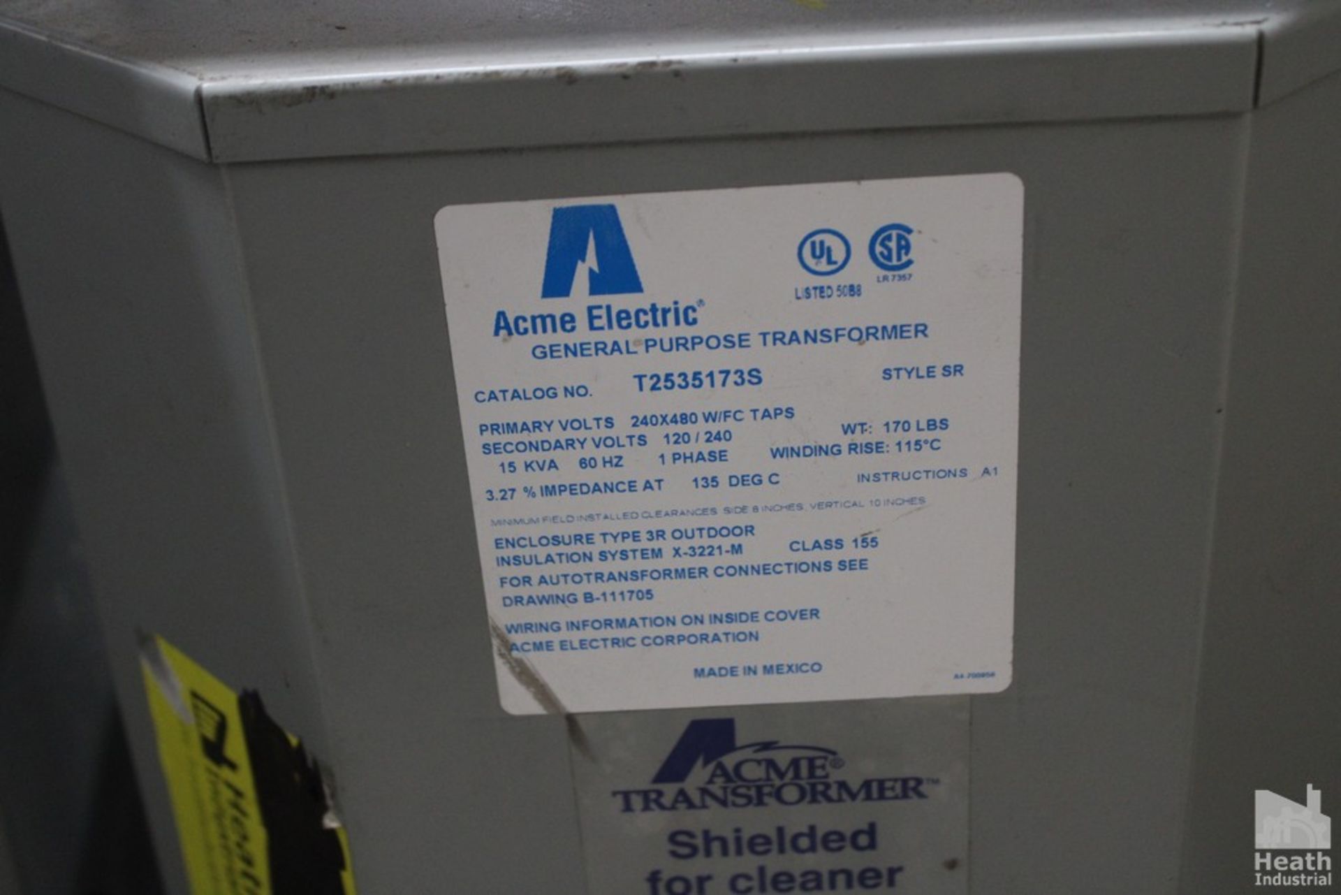 ACME GENERAL PURPOSE TRANSFORMER, CAT NO. T2535173S, STYLE-SR, PRIMARY VOLTS 240X48, SECONDARY VOLTS - Image 2 of 2
