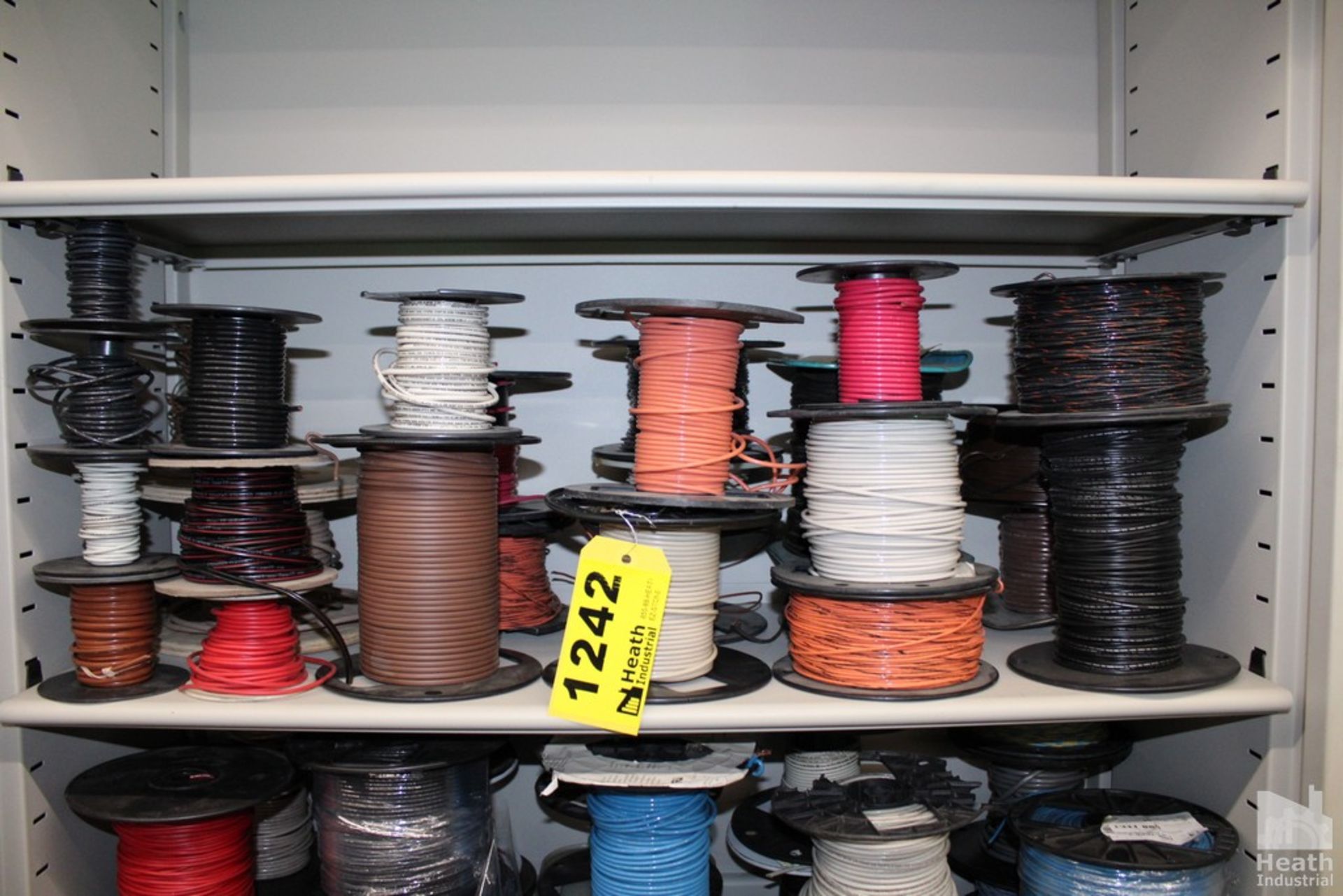 (27) ASSORTED SPOOLS OF WIRE ON SHELF