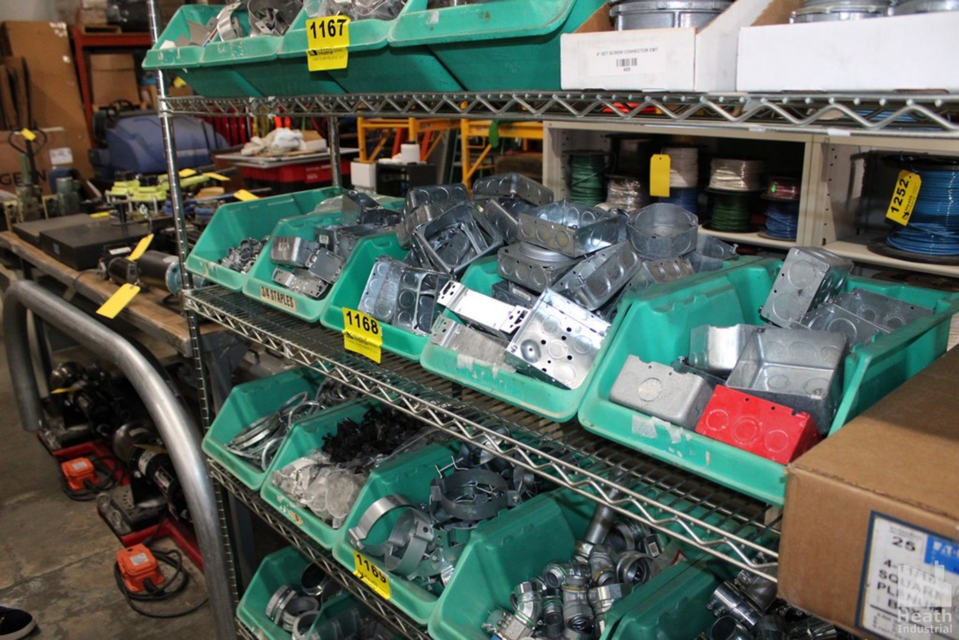 LARGE QUANTITY OF CONDUIT CONNECTORS AND ELECTRICAL BOXES ON SHELF, NO BINS