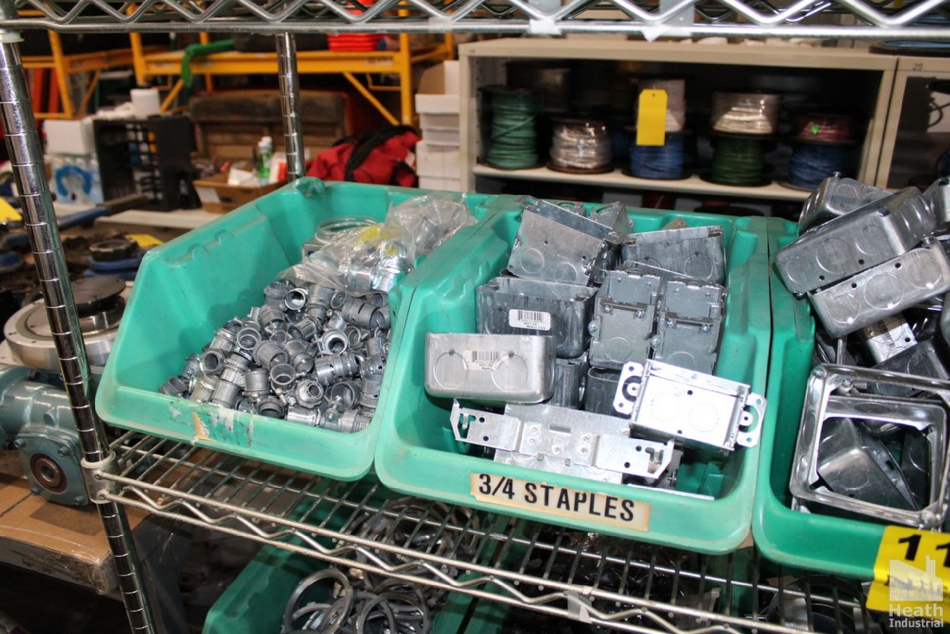 LARGE QUANTITY OF CONDUIT CONNECTORS AND ELECTRICAL BOXES ON SHELF, NO BINS - Image 2 of 4