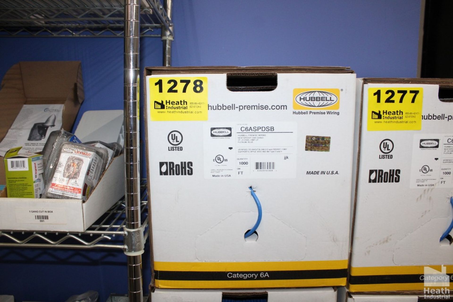 (1) CASE OF HUBBELL CAT 6A CATALOG NO. C6ASPDSB COMMUNICATION/DATA WIRE, 1,000FT.