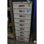 RUSS BASSETT NINE DRAWER PARTS CABINET, 21" X 28-1/2" X 58", WITH ASSORTED HARDWARE