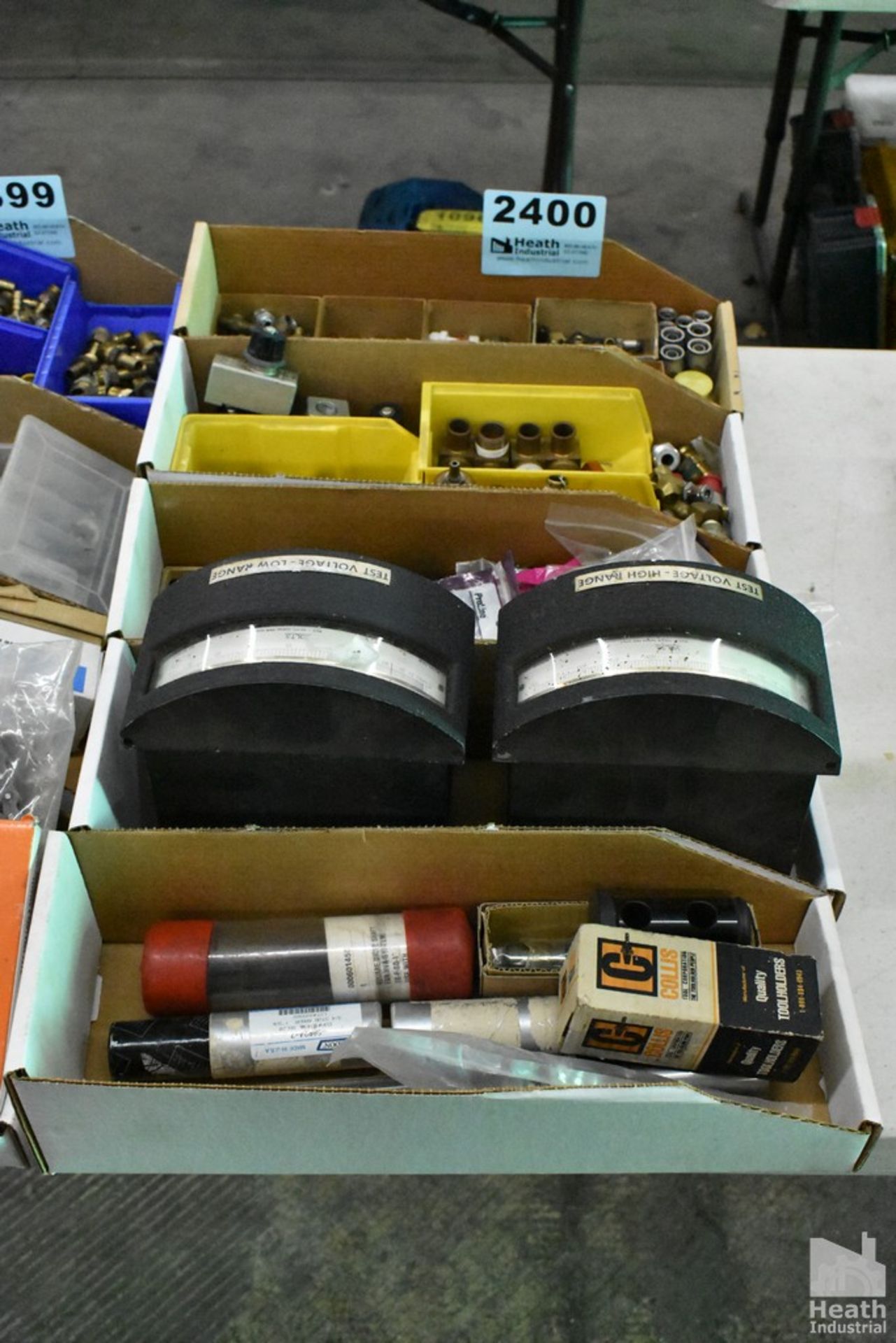 (5) BOXES OF ASSORTED FITTINGS, VOLTAGE TESTERS, ETC.