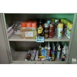 ASSORTED SPRAY PAINT AND CAULK ON TWO SHELVES
