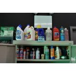 ASSORTED SPRAYS AND CLEANERS ON TWO SHELVES