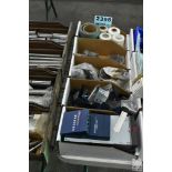 (5) BOXES OF ASSORTED HANGERS, HARDWARE, STRING, ETC.