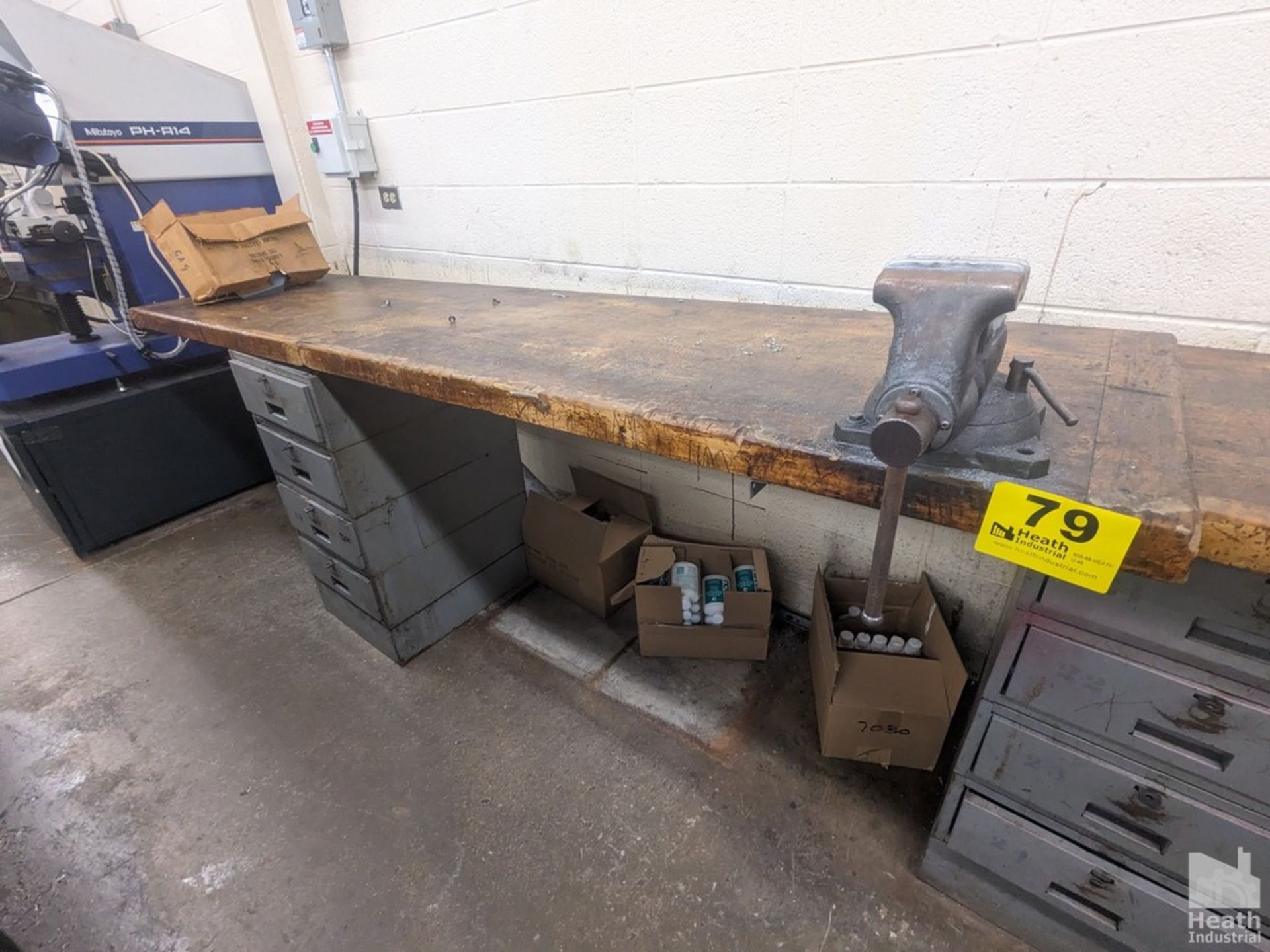 WORKBENCH TOP WITH FOUR DRAWER CABINET BASE AND 4" BULLET STYLE VISE 8' X 2' Loading Fee :$125