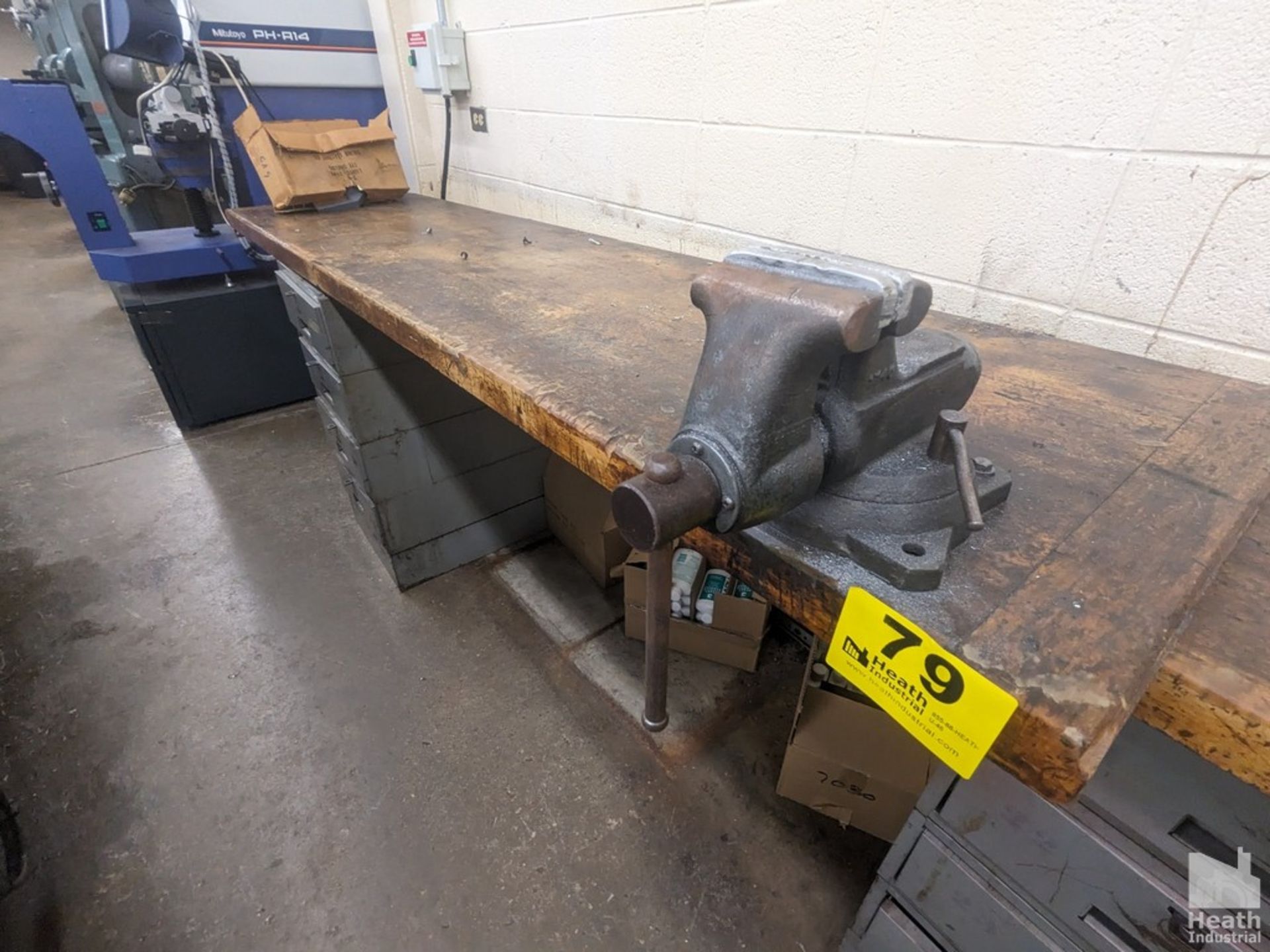 WORKBENCH TOP WITH FOUR DRAWER CABINET BASE AND 4" BULLET STYLE VISE 8' X 2' Loading Fee :$125 - Image 2 of 2