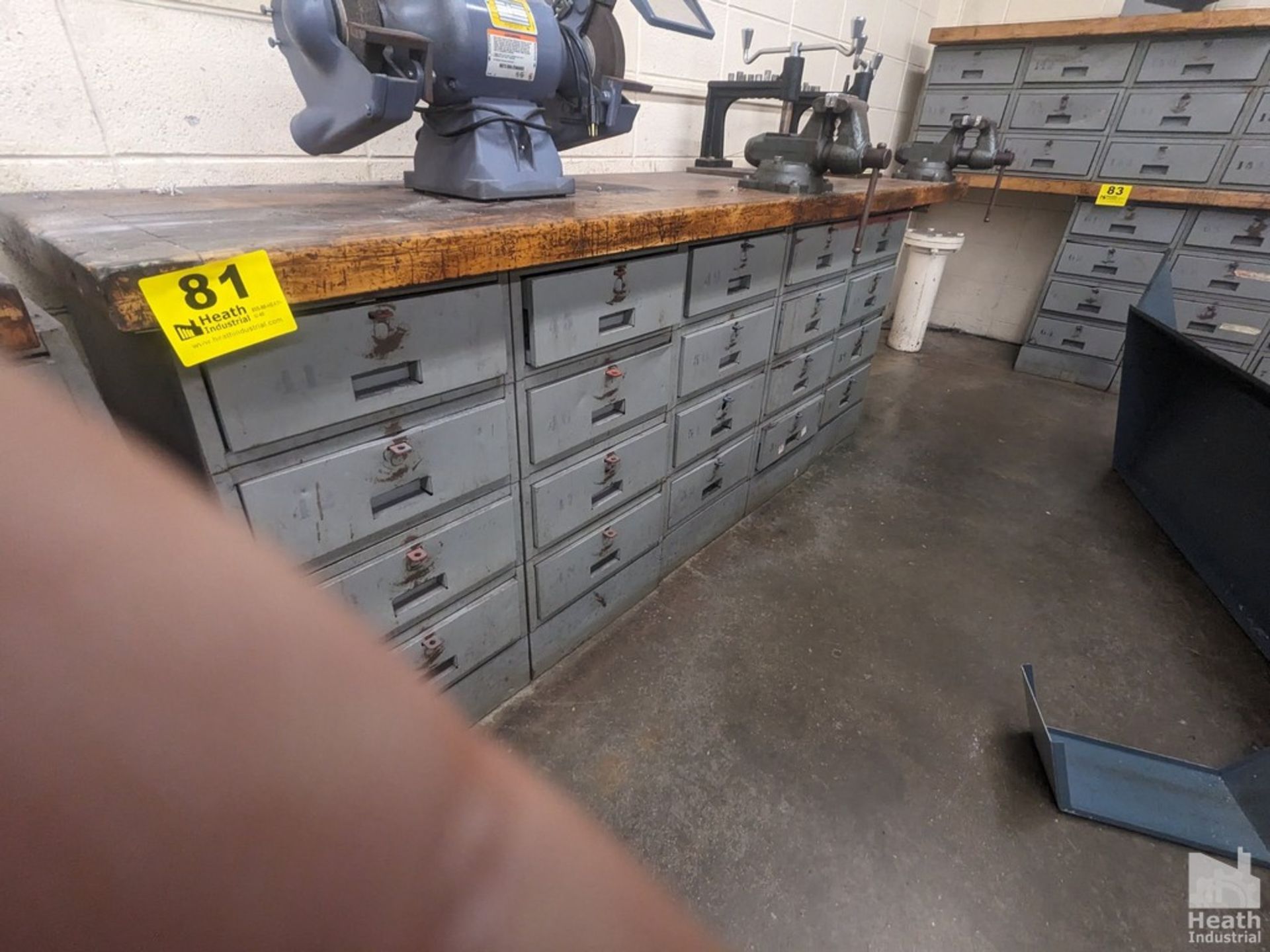 CABINET BASED WORKBENCH WITH DRAWERS AND TWO 4" BULLET STYLE VISES 8' X 2' Loading Fee :$75