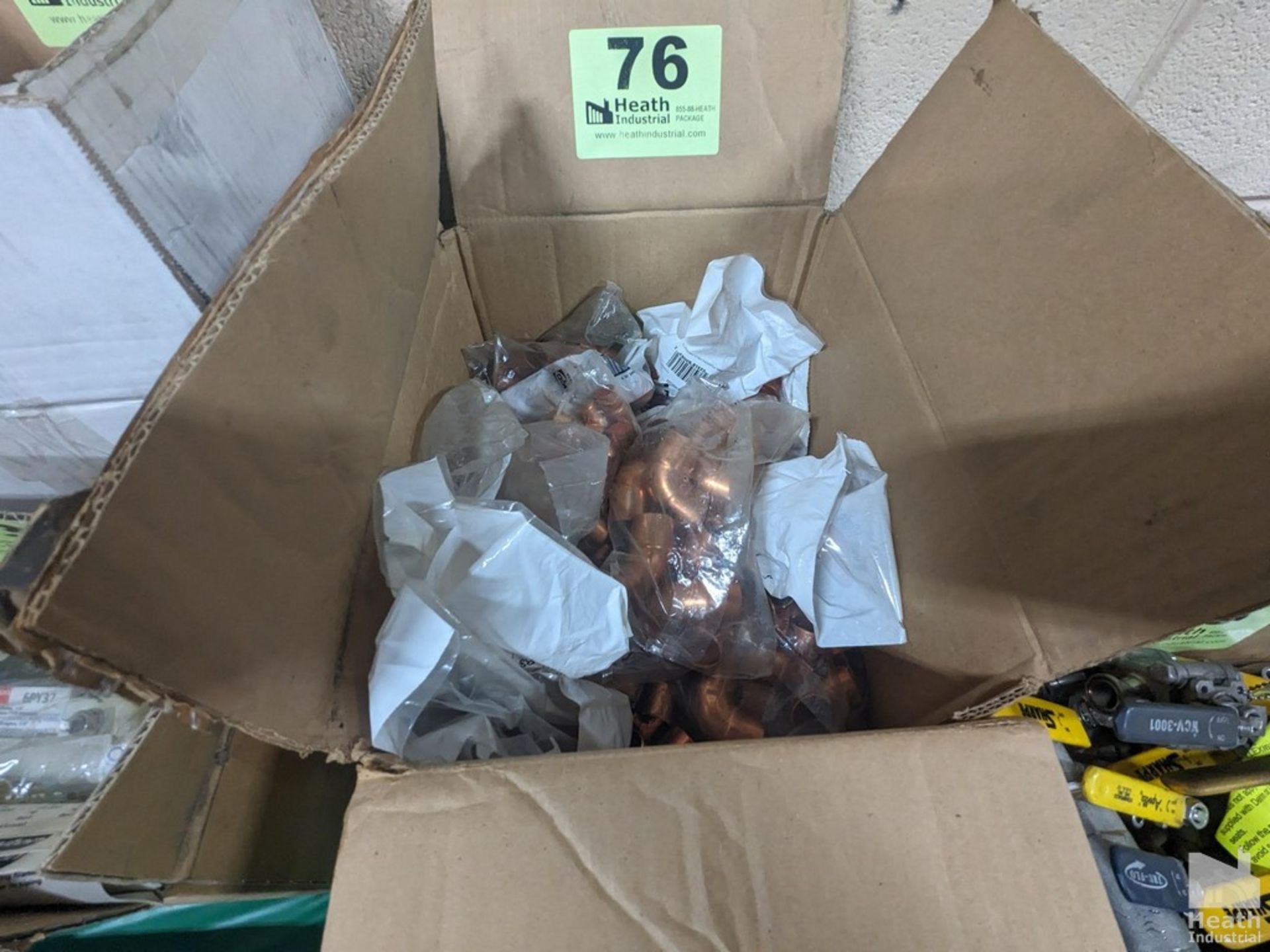 ASSORTED COPPER ELBOWS, HANGERS AND CAPS IN BOX