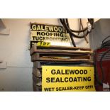 LARGE ASSORTMENT OF GALEWOOD SIGNS, METAL AND PAPER, WITH RACK