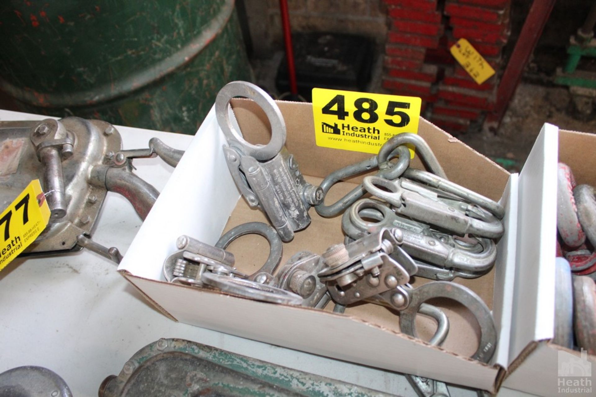 ASSORTED ROPE BRAKES, HOOKS AND CARABINERS