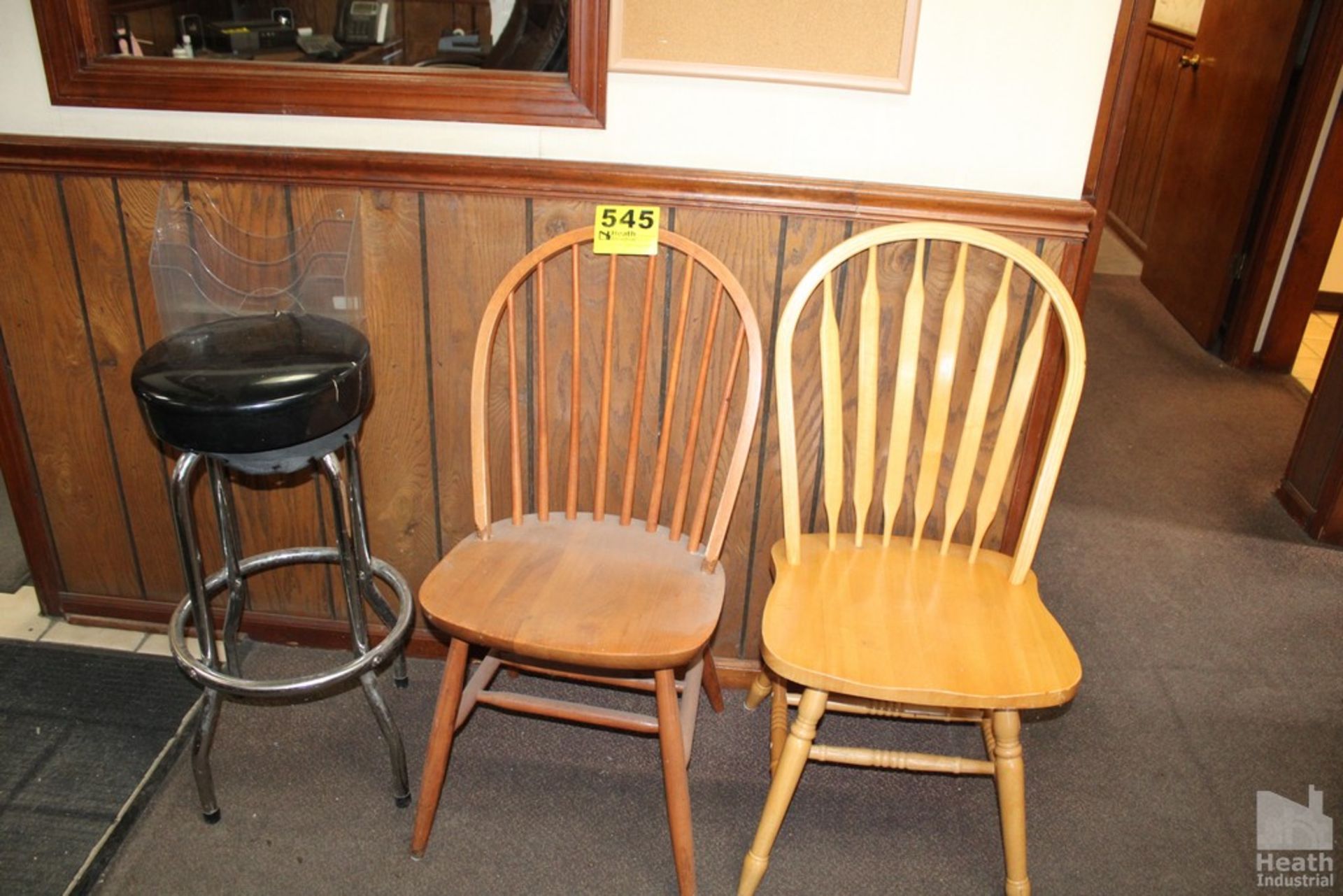 (2) WOOD CHAIRS AND (1) STOOL
