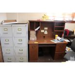 WOOD DESK AND (2) FOUR DRAWER FILE CABINETS