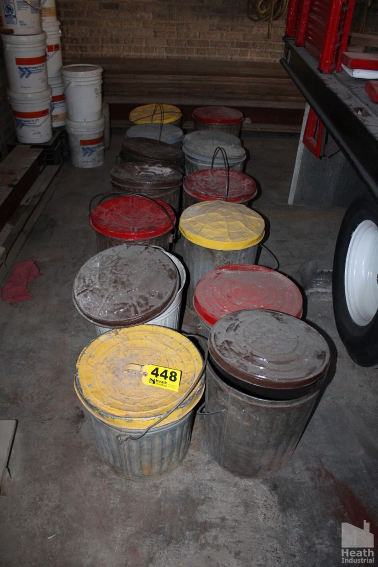(14) STEEL PAILS WITH LIDS AND SOME MORTAR MIX