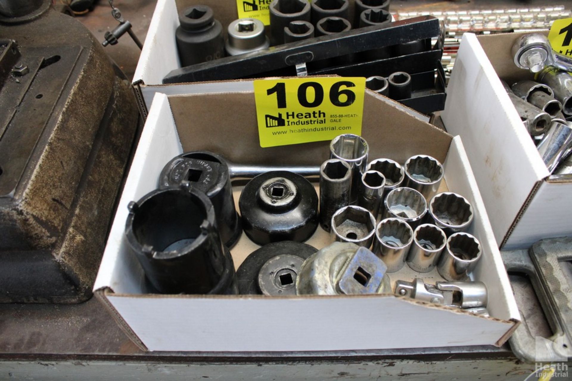 ASSORTED LARGE SOCKETS AND OIL FILTER WRENCHES