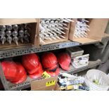 ASSORTED HARD HATS AND MISC. ON SHELF