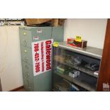 DISPLAY CASE, 38" X 13" X 42" AND BENTSON FOUR DRAWER FILE CABINET, 18" X 28" X 52"