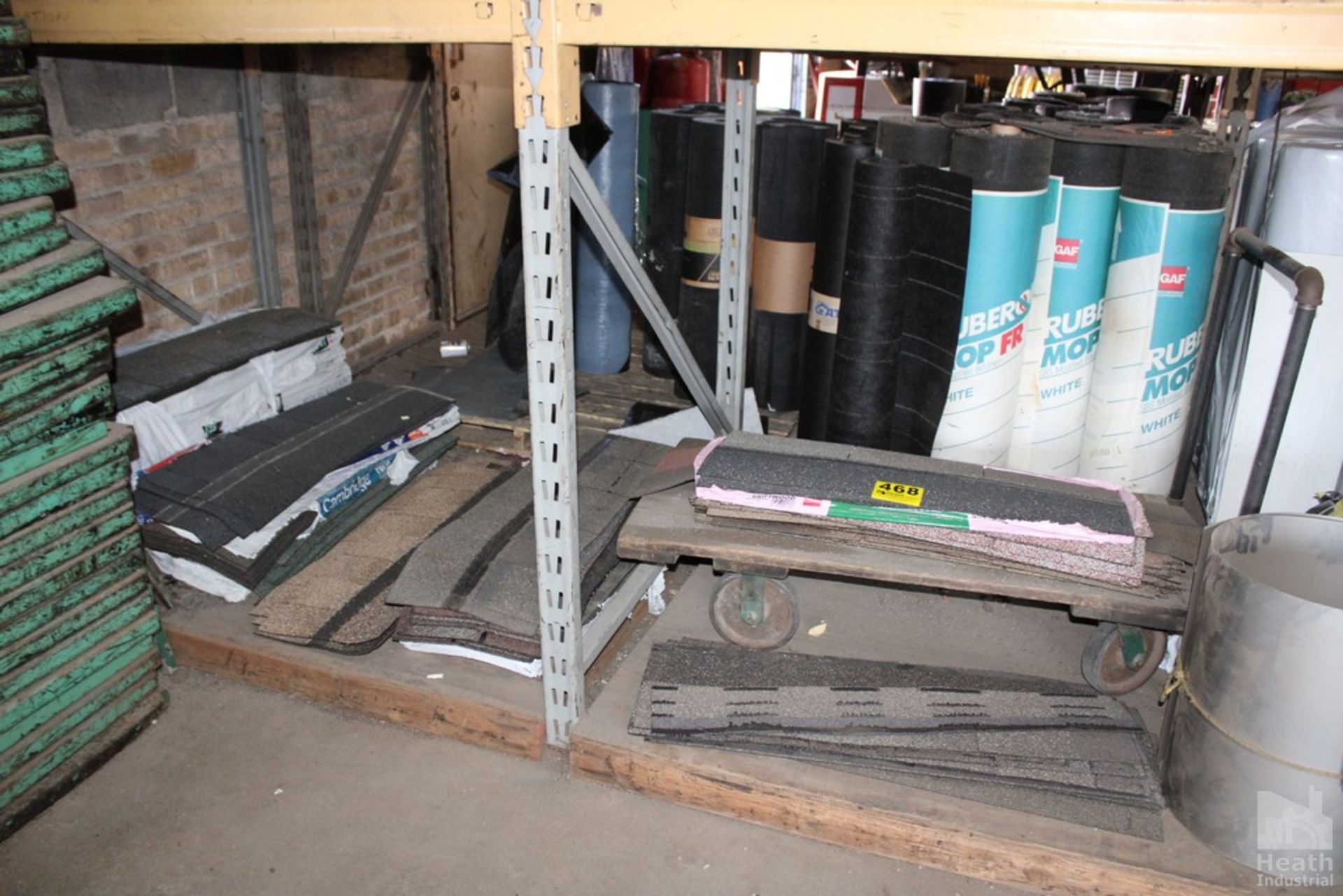 ASSORTED ROOF SHINGLES, PLATFORM CART AND FLASHING