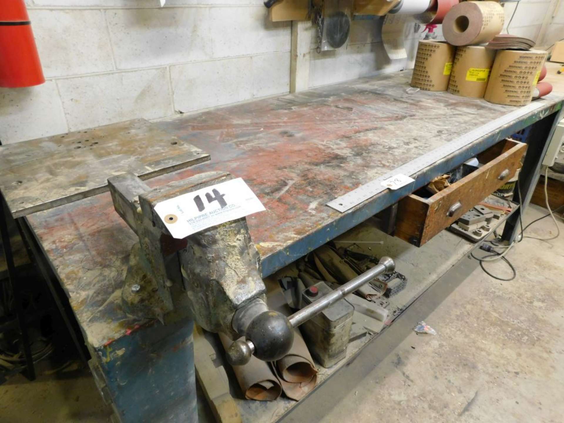 4" Vise, 6" throat, mounted on metal 36" x 8' table.