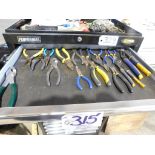 Assorted tool contents in drawer: Needle nose, pliers, wire cutters, other, (approx. 16 pcs). (