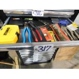 Assorted tool contents of drawer: Vise grips, drill bits, impact tool, cutters, (approx. 15