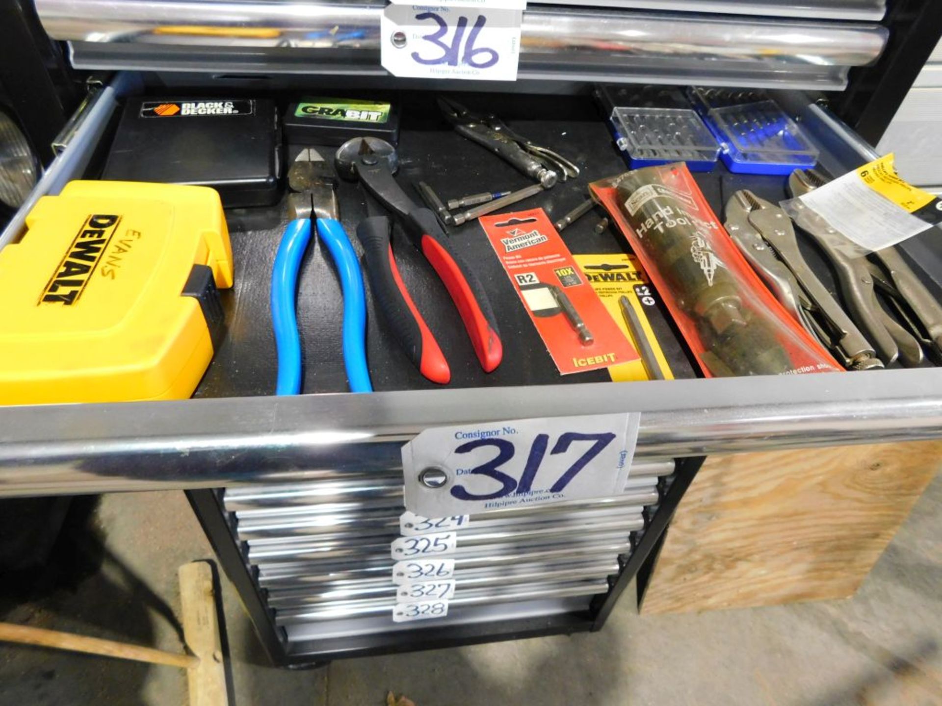 Assorted tool contents of drawer: Vise grips, drill bits, impact tool, cutters, (approx. 15