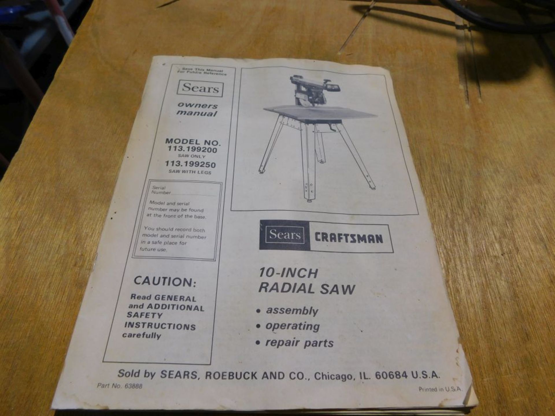 Craftsman radial arm saw, NO. 113.199250, 10". (Located at and to be picked up at: 2862 Wagner - Image 3 of 3