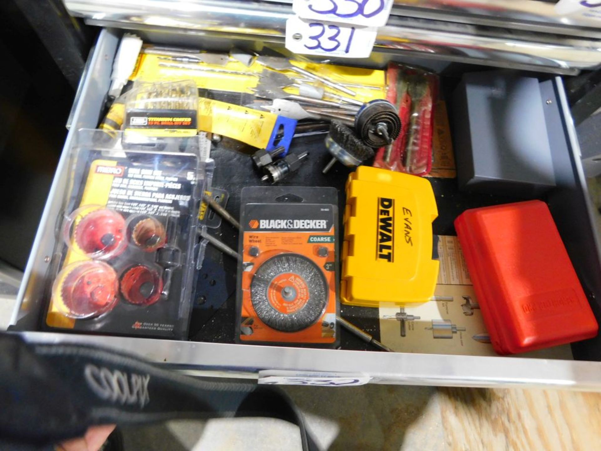 Assorted tools contents of drawer: Hole saws, drivers, drill bits, wrenches, (apprx. 24 pcs.) ( - Image 2 of 2