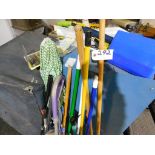 Assorted mops, brooms. (Located at and to be picked up at: 2862 Wagner Rd., Waterloo, IA)