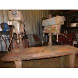 Clausing double head drill press, (1) head 3 ph, (1) head 240, 1 ph, 7 ft. table. (LOCATED AT and to