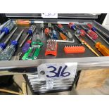 Assorted tool contents of drawer: screw drivers/torque bits, (apprx. 29 pcs.). (Located at and to be