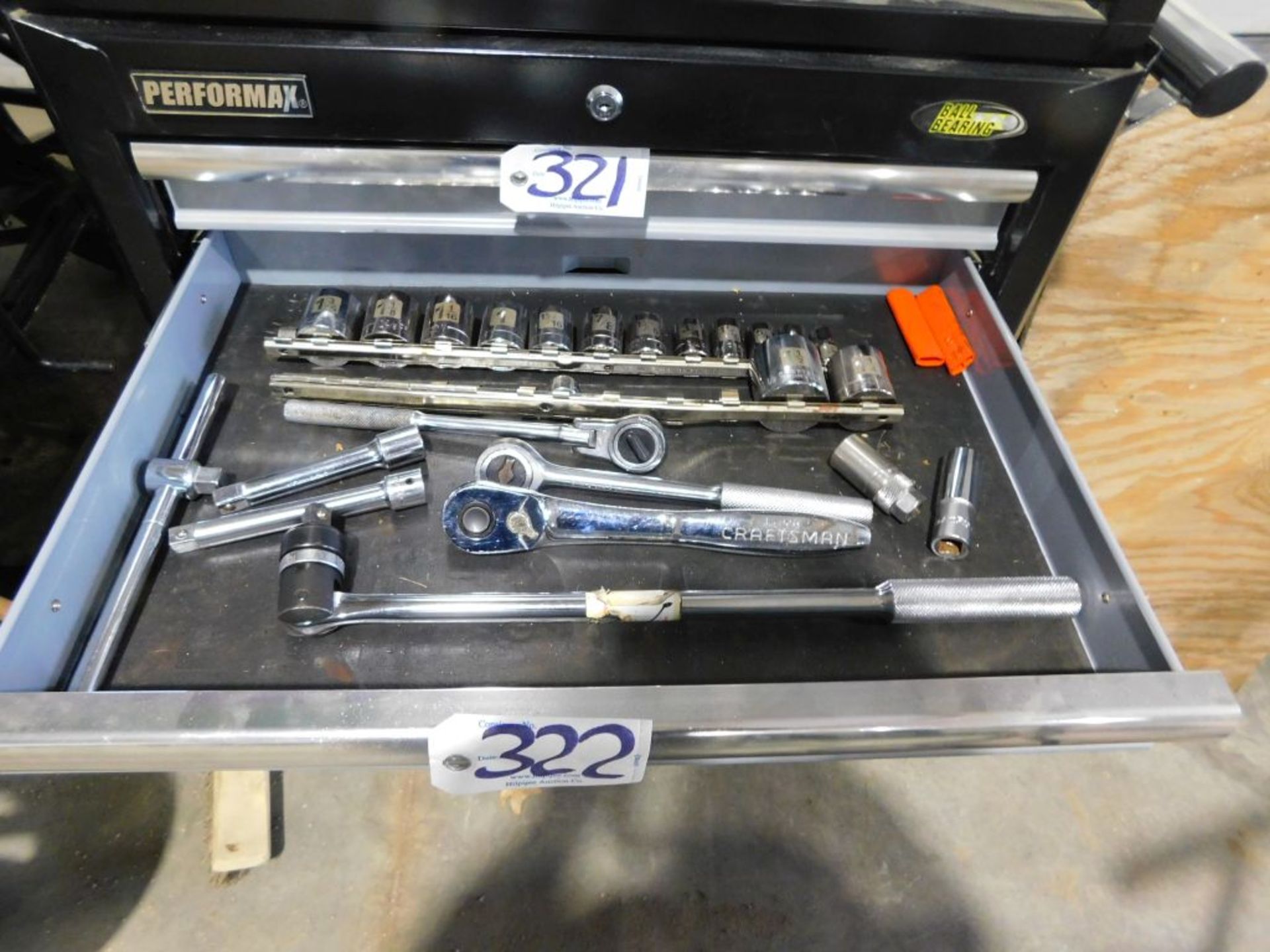 Assorted tools contents of drawer: SAE, sockets, ratchets, breaker bar, (approx. 27 pcs.) (Located