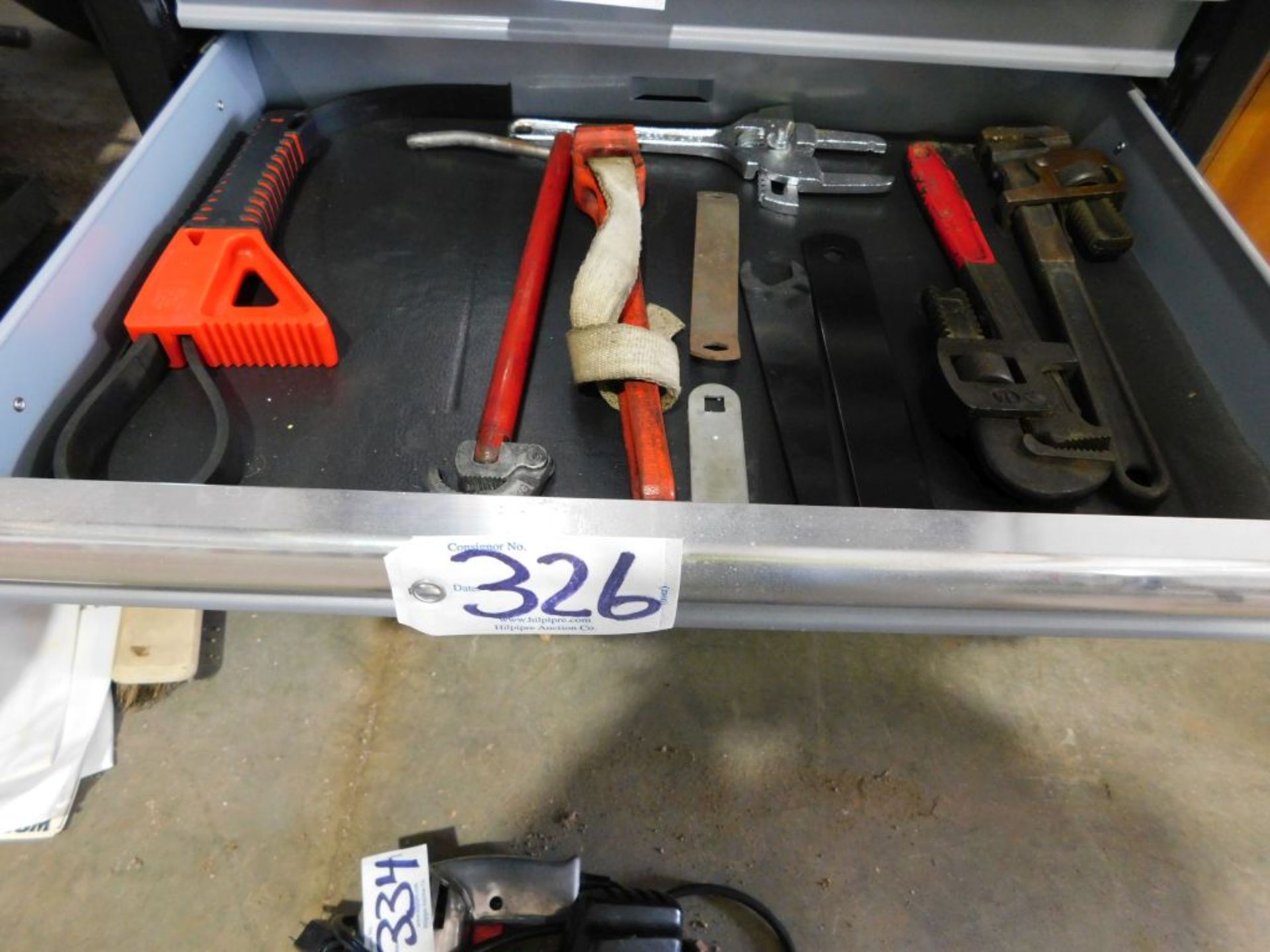 Assorted tools contents of drawer: Pipe wrenches, strap wrenches, (apprx. 10 pcs.) (Located at and - Image 2 of 2