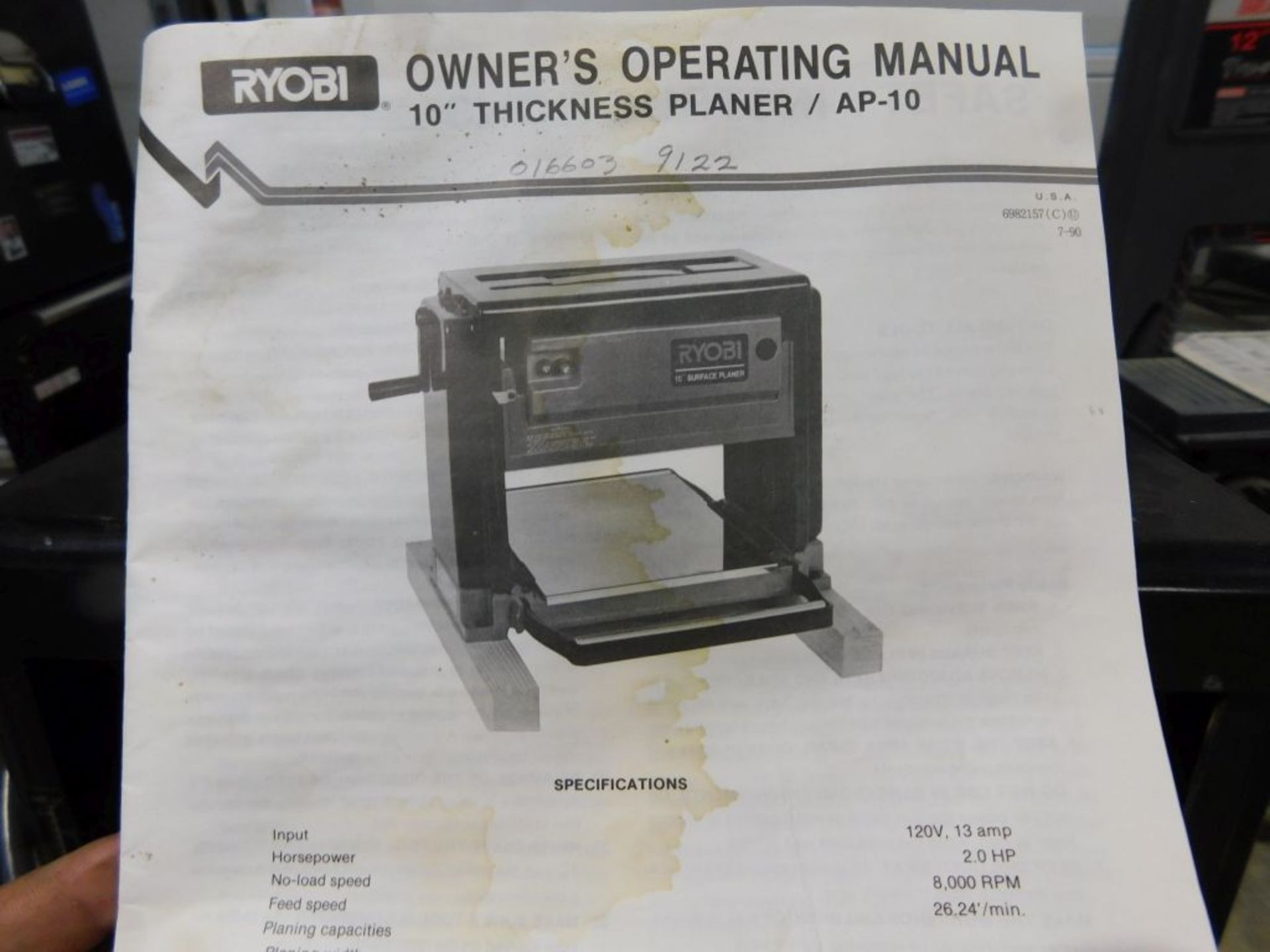 Ryobi 10" surface planer, NO. AP-10. (Located at and to be picked up at: 2862 Wagner Rd., - Image 2 of 2