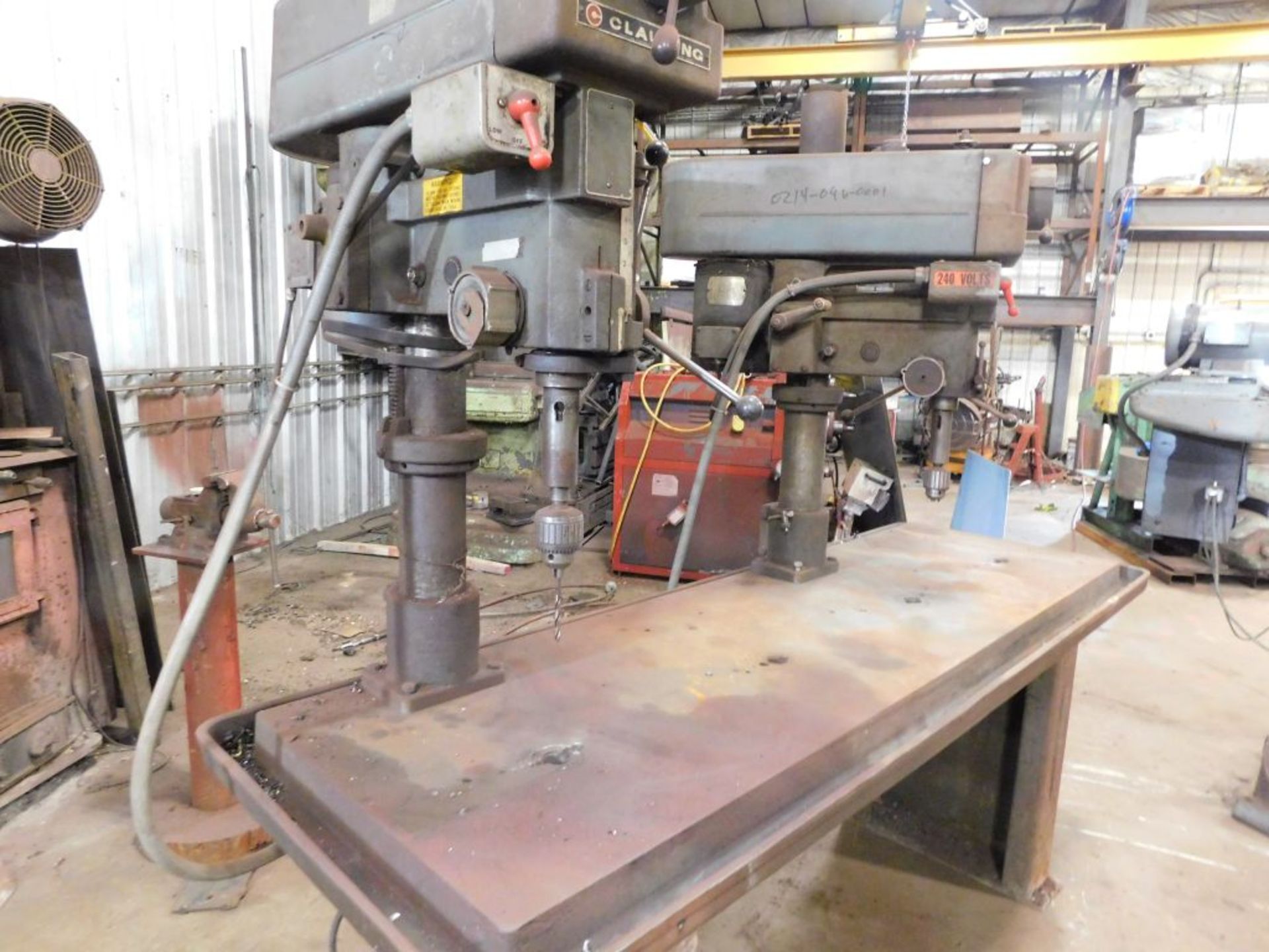 Clausing double head drill press, (1) head 3 ph, (1) head 240, 1 ph, 7 ft. table. (LOCATED AT and to - Image 7 of 8