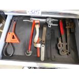 Assorted tools contents of drawer: Pipe wrenches, strap wrenches, (apprx. 10 pcs.) (Located at and