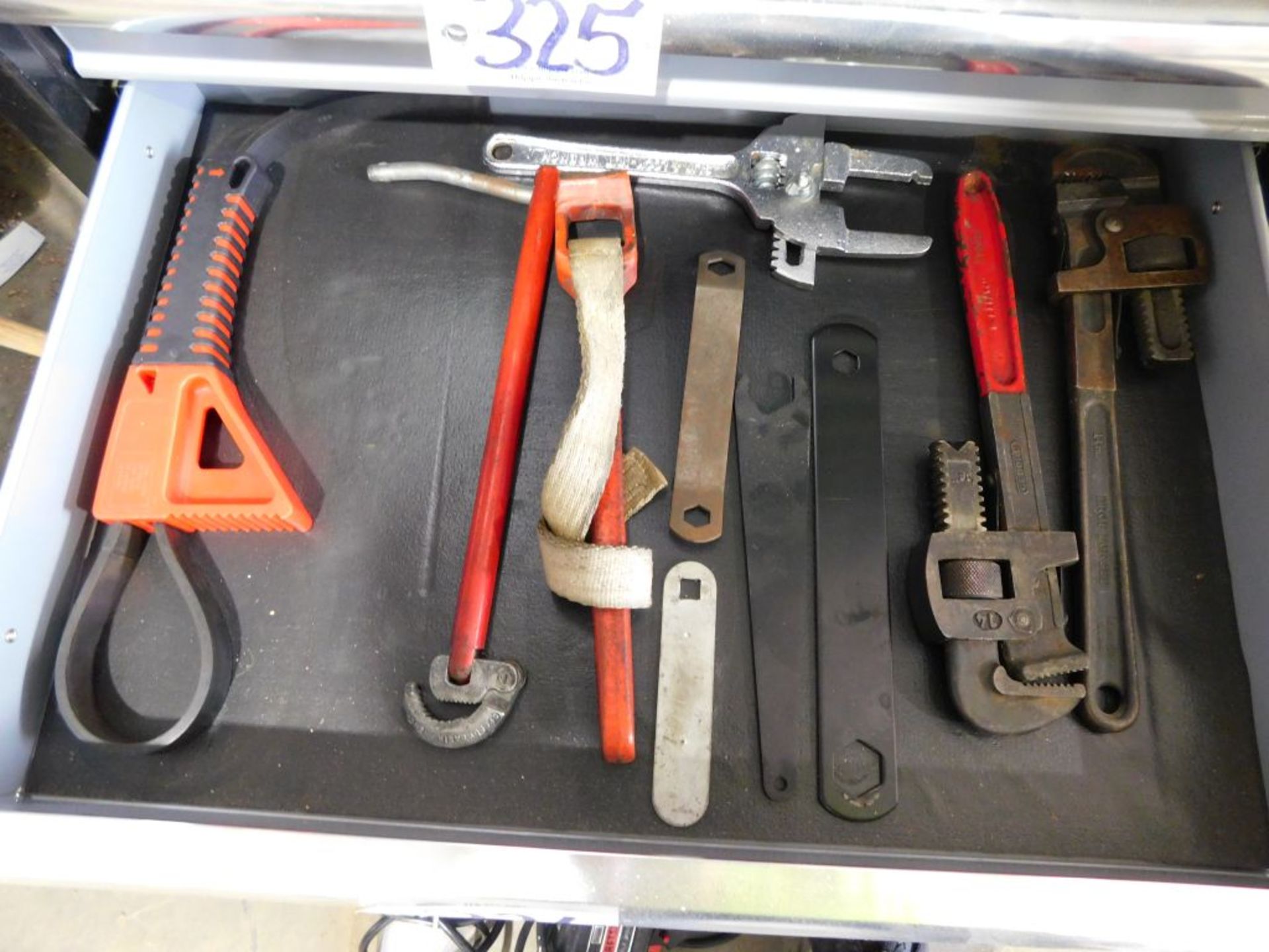 Assorted tools contents of drawer: Pipe wrenches, strap wrenches, (apprx. 10 pcs.) (Located at and