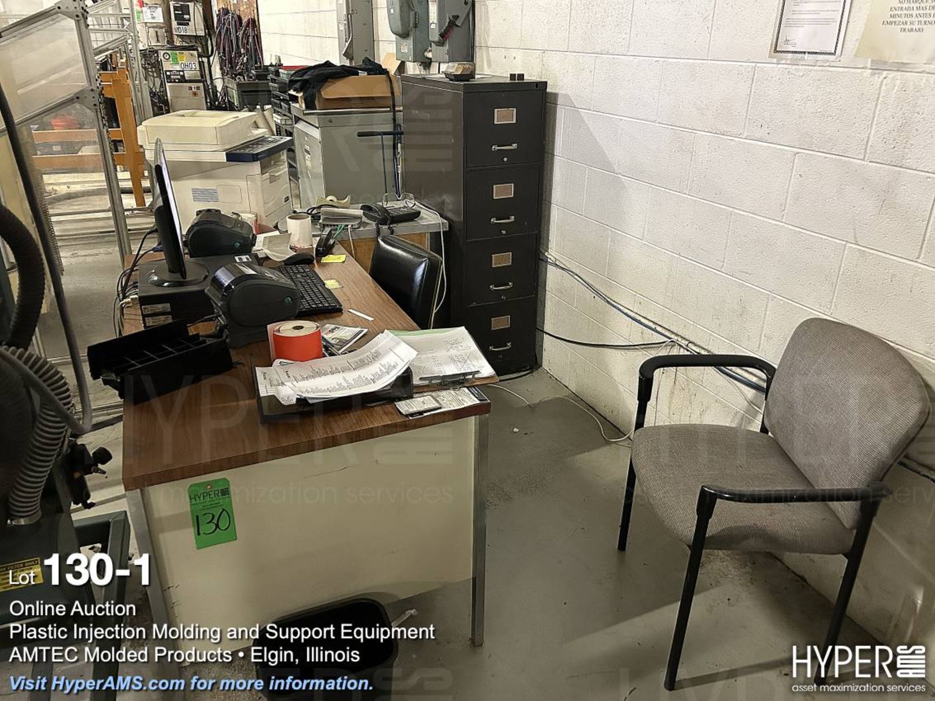 Desk, file cabinet, and two door cabinet