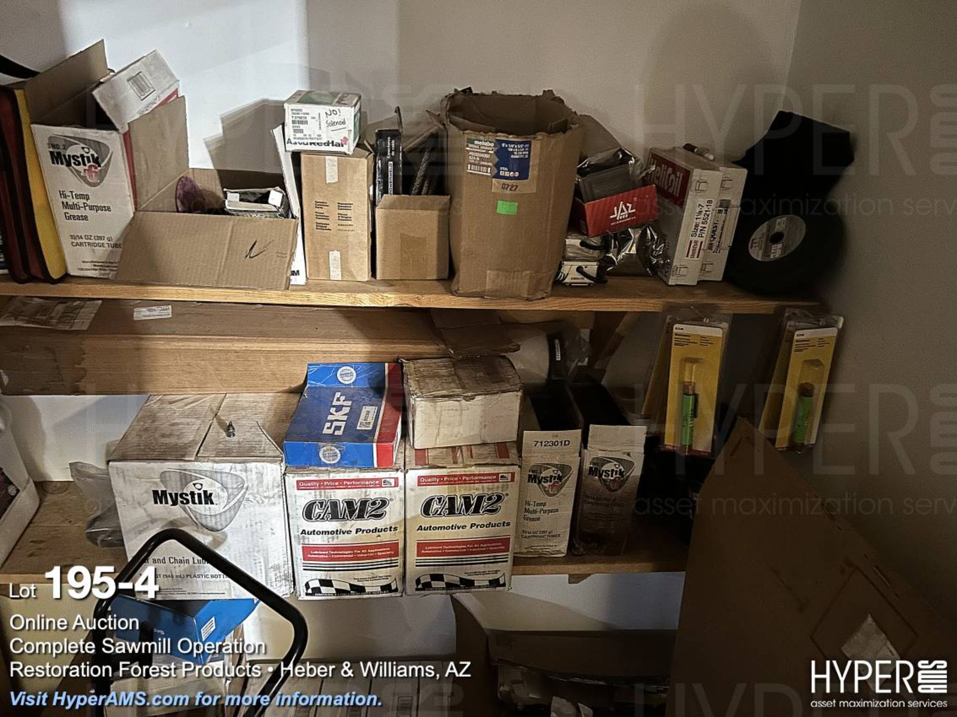 Lot: Lights, desks, table, refrigerator, shelves, grease and supplies - Image 4 of 5