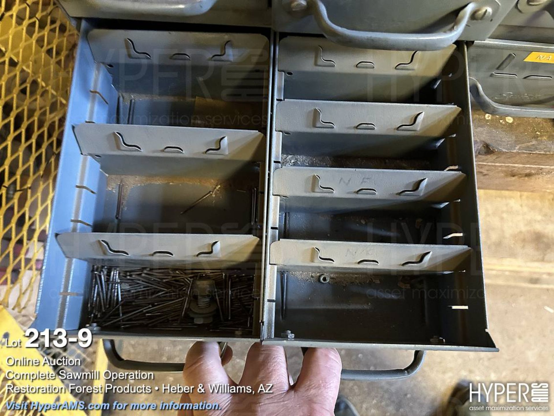 Lot: Wood shelf with cabinets, washers, bolts, screws, and tooling - Image 9 of 16